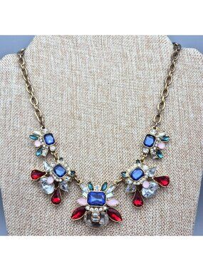 Loft Chunky 3-D Red & Blue Statement Necklace Faceted Stones Gold Tone 20.5"